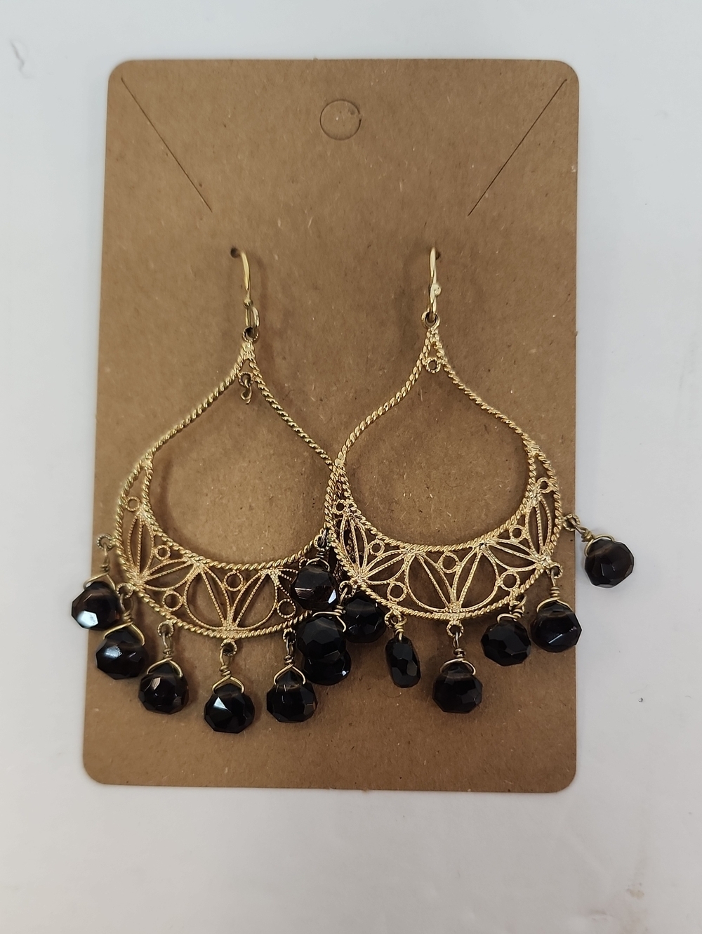 Gold Tone Filigree Chandelier Earrings Black Bead Dangle Boho